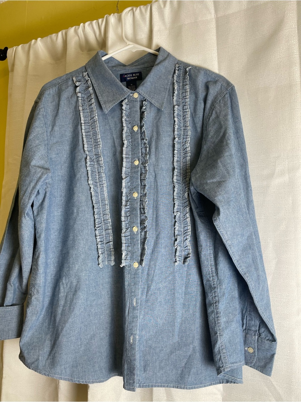 Light Blue Ruffle-Front Button-Down Shirt - - Picture 2 of 6